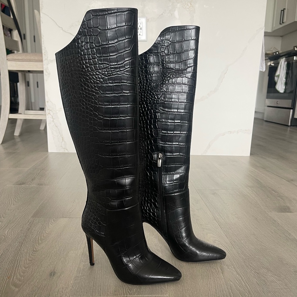 Black Crocodile High Heel Knee High Boots